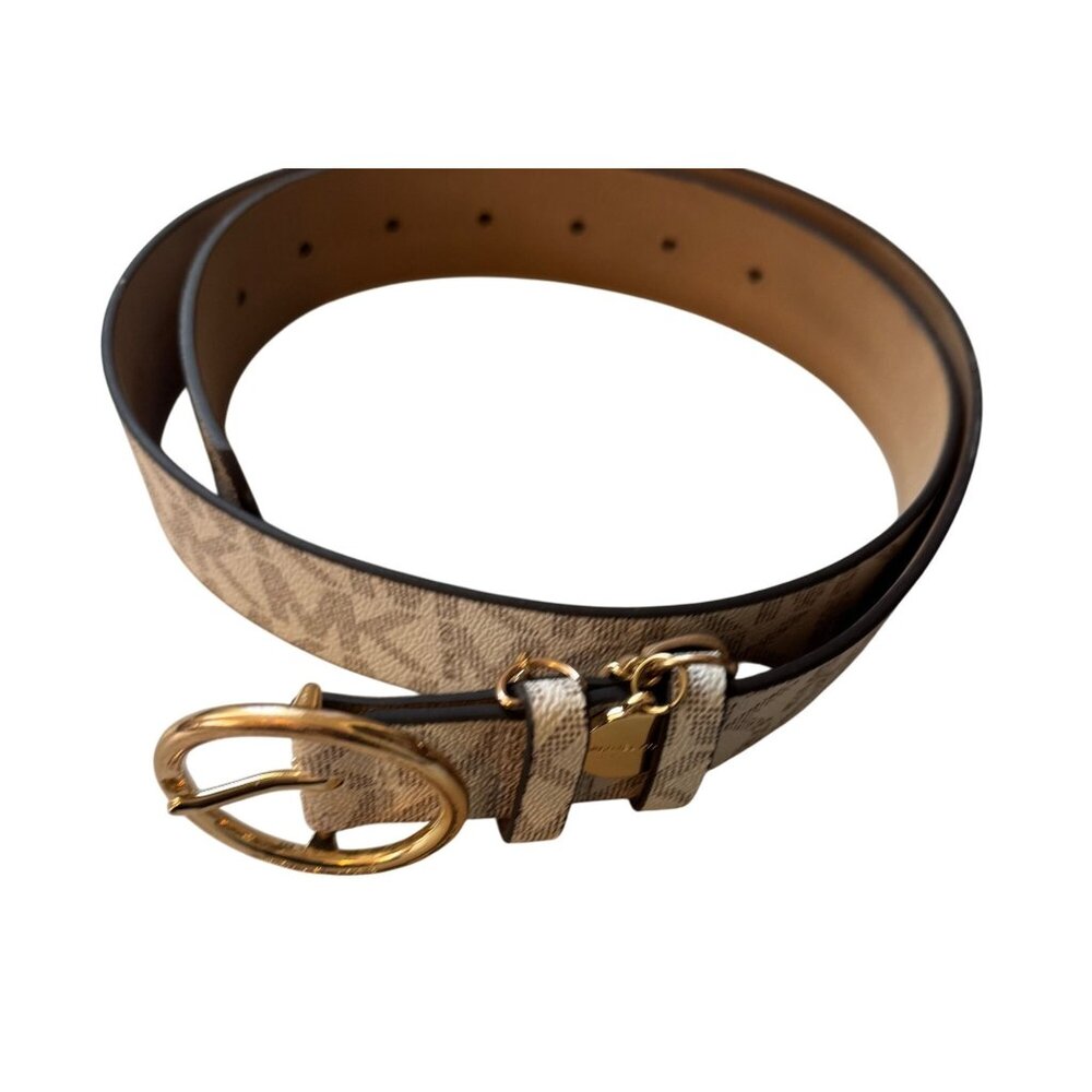 Michael Kors Logo-Print Belt With Gold-Tone Buckle & Chain Accent Size Medium